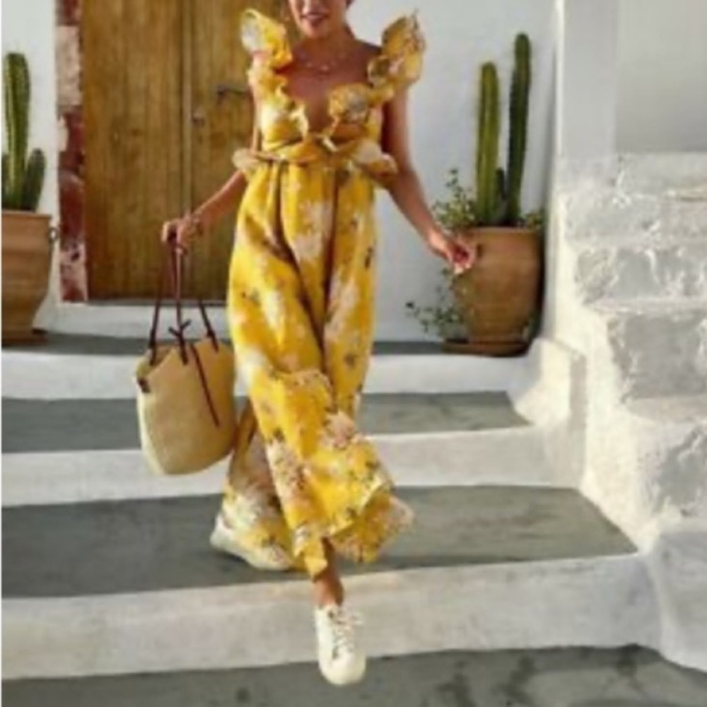 H&M Yellow Floral Ruffle Plunge Open Back Lyocell Midi Dress - Picture 10 of 15